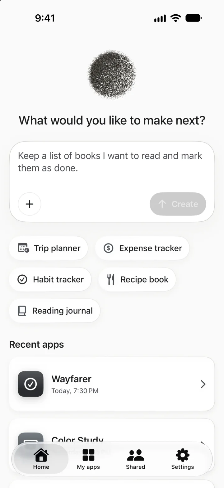 Juno’s home screen on iPhone: “What would you like to make next?” with a prompt box and suggestions like Trip planner.