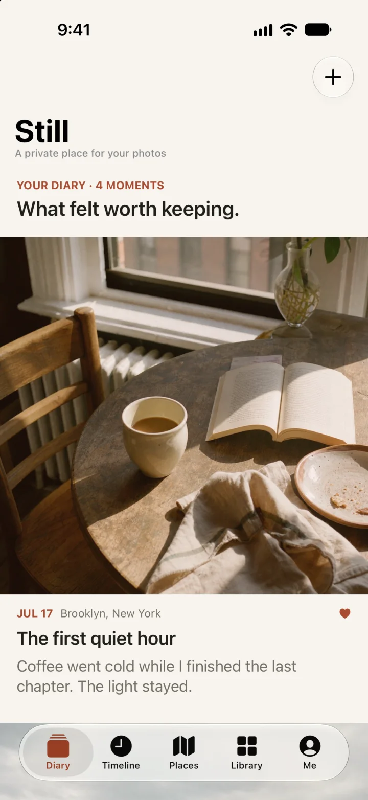 Still, a private photo diary made with Juno, showing an entry called The first quiet hour.